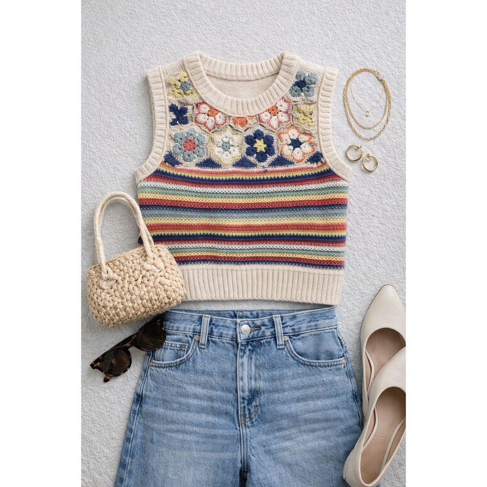 American Eagle Crochet Floral Striped Sweater Vest Cream Multi Womens Small